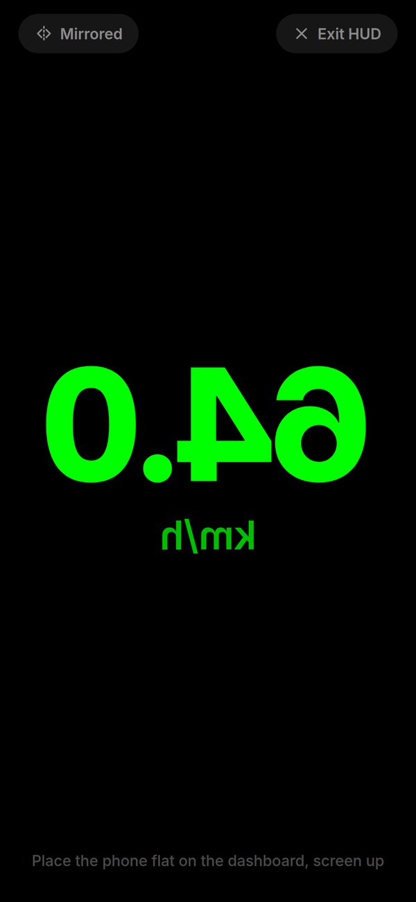 HUD mode: 64.0 km/h mirrored in huge green digits on black, with Mirrored and Exit HUD chips at the top
